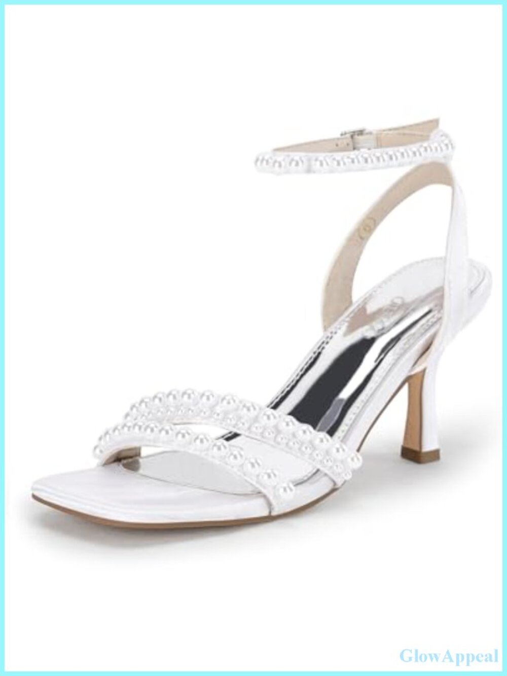 Womens Pearl Kitten Heels Square Open Toe Satin Ankle Strap Sandals
